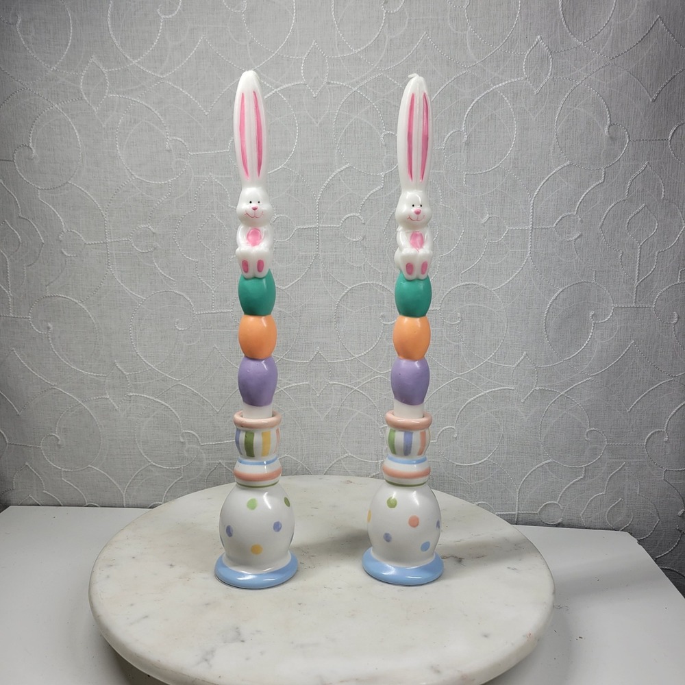 Demdaco Easter Bunny Taper Candlestick Set Pastel Ceramic Holders w Candles